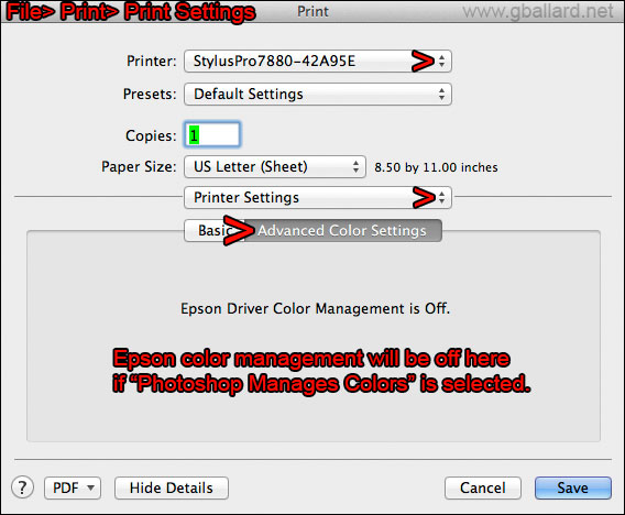 correct settings for a mac to print to an epson 9900 from photoshop